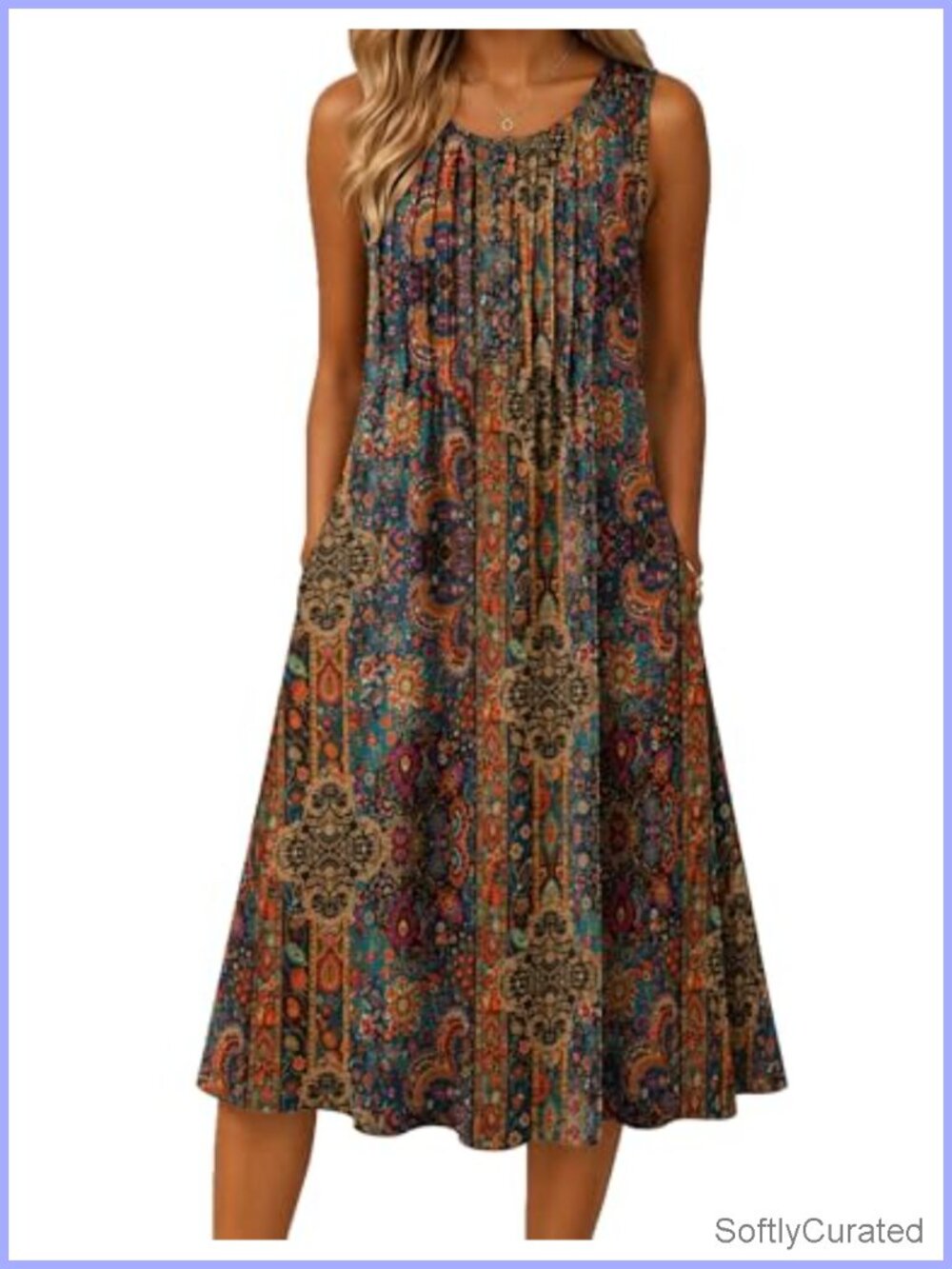Flowy A-Line Midi Tank Dress with Pockets Boho Summer Beach Dress